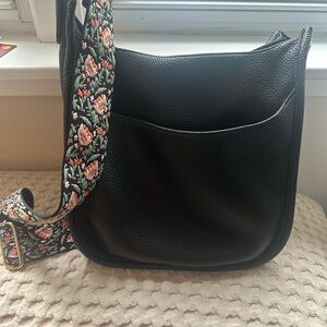 Black Leather Crossbody Bag with Floral Strap